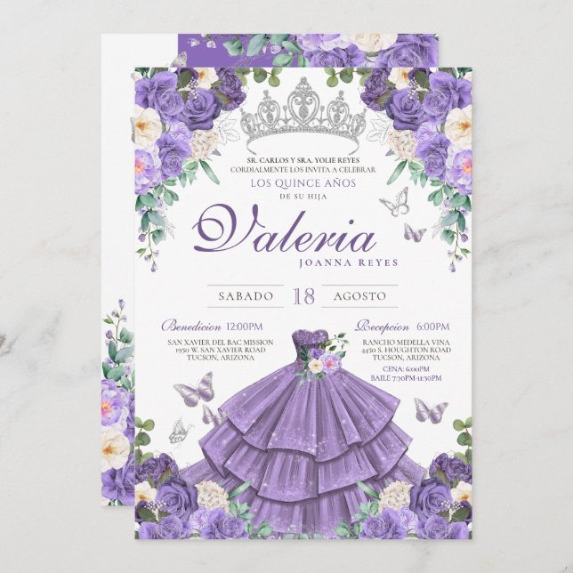 Convites Prateada Prateada Leve Princesa Quinceanera (Frente/Verso)