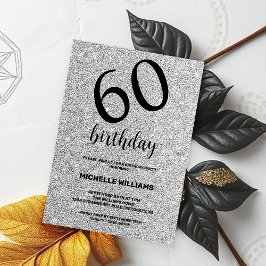 Convites Prateado Glitter Preto Caligrafia Aniversário