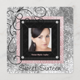 Convites Prateado rosa e preto Damasco doce 16