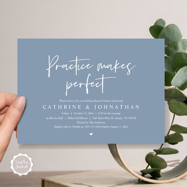 Convites Prática faz Janto perfeito, ensaio de casamento (Practice Makes Perfect, Wedding Rehearsal Dinner Invitation Card, PDF, Modern Casual, Dusty Blue)