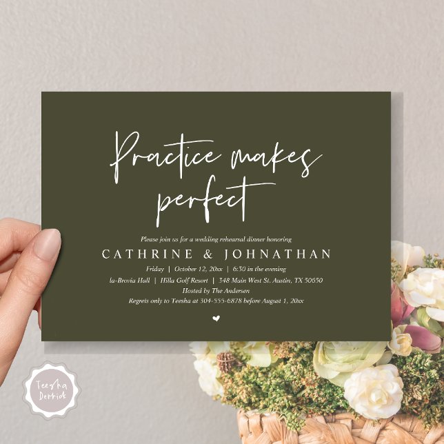 Convites Prática faz Janto perfeito, ensaio de casamento (Practice Makes Perfect, Wedding Rehearsal Dinner Invitation Card, PDF, Modern Casual, Olive Green)