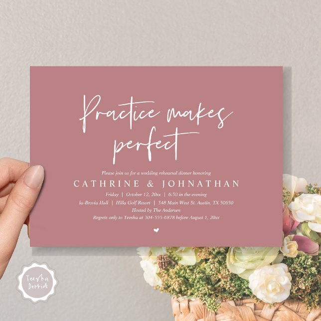 Convites Prática faz Janto perfeito, ensaio de casamento (Practice Makes Perfect, Wedding Rehearsal Dinner Invitation Card, PDF, Modern Casual Dusty Rose Pink)