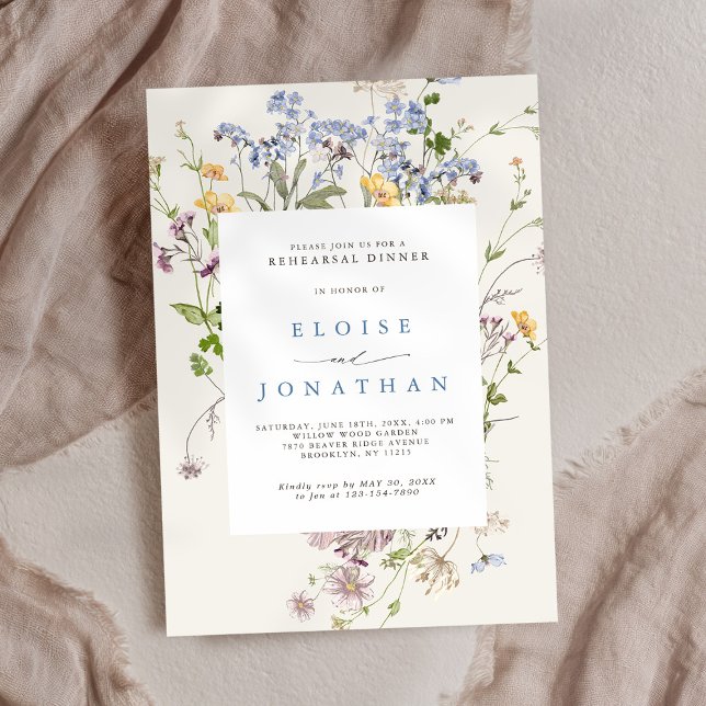 Convites Prato de Jantar de Ensaios de Lindas Flores Silves (Pretty Spring Wildflower Meadow Rehearsal Dinner Invitation)