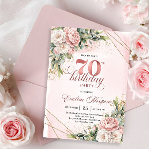 Convites Preciosa Luz Rosa Floral Boêmio Aniversário de 70 