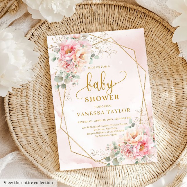 Convites Precioso cor-de-rosa e chá de fraldas dourado (Precious pastel pink and gold baby shower girl Invitation)