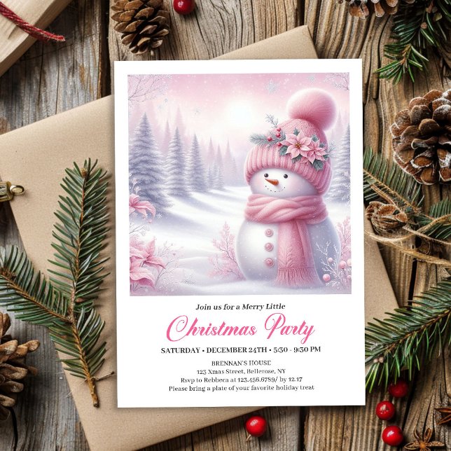 Convites Precious Pink Snowman Editable Kids Christmas  (Precious Pink Snowman Editable Kids Christmas Invite File)