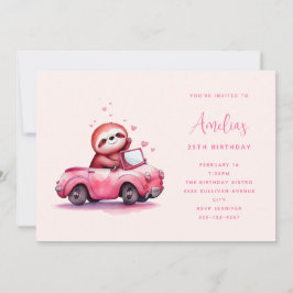 Convites Preguiça Fofa em um Conversível Rosa de Aniversári
