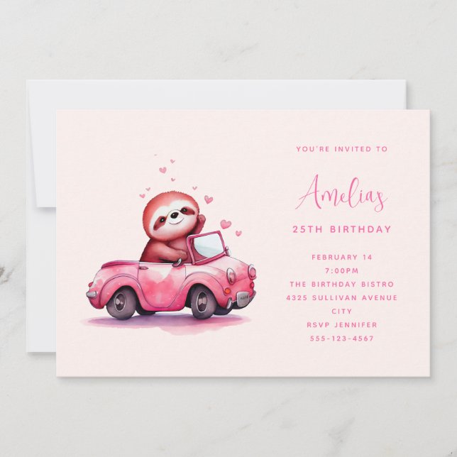 Convites Preguiça Fofa em um Conversível Rosa de Aniversári (Frente)
