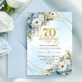Convites Premium dusty blue florals gold frame 70 birthday