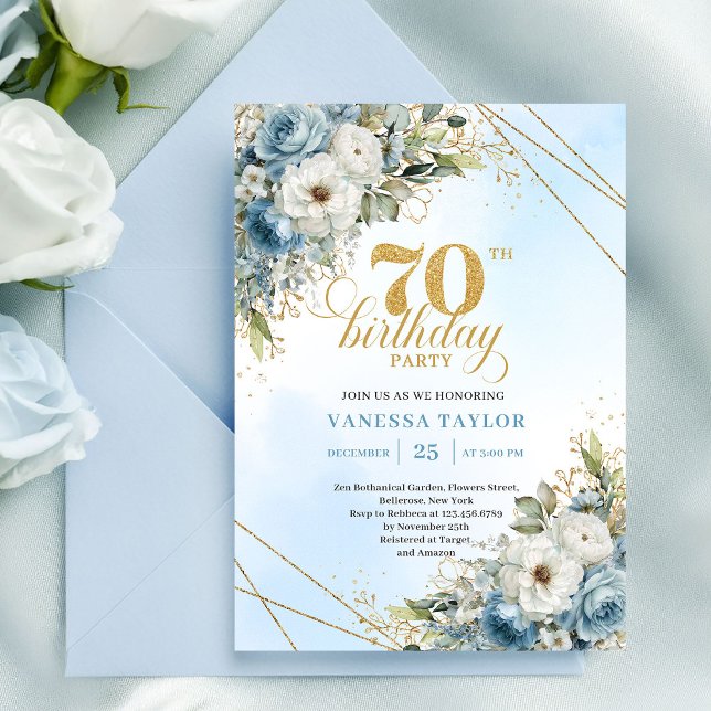Convites Premium dusty blue florals gold frame 70 birthday (Premium dusty blue florals gold frame 70th birthday)