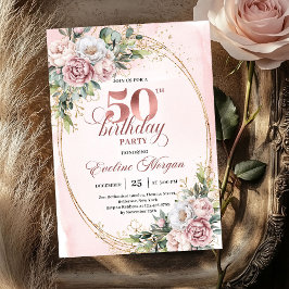 Convites Premium Rose Gold Floral 50th Birthday Invitation