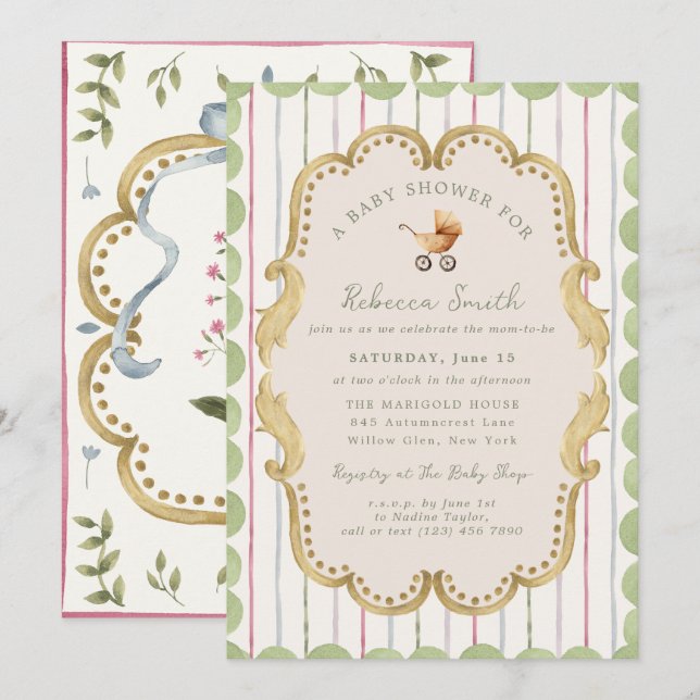 Convites Preppy Baby Carriage Grandmillennial Baby Shower (Frente/Verso)