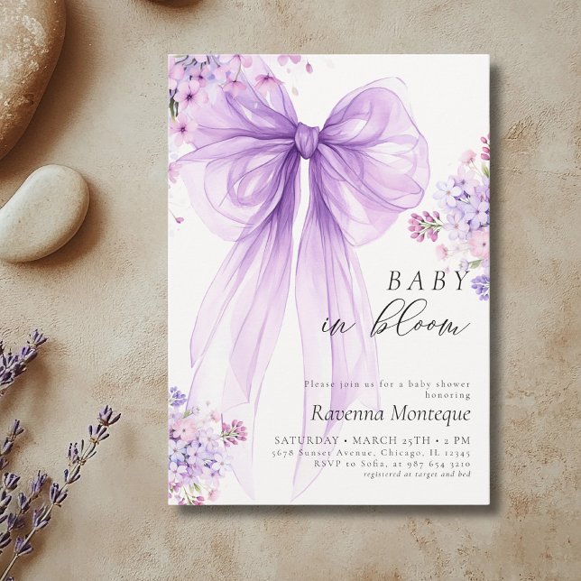 Convites Preppy Baby em Flor de Bow Roxo Chás de Bebê (Criador carregado)