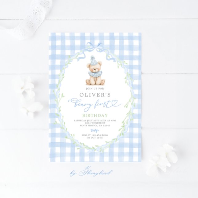 Convites Preppy Beary First Birthday Invitation (Criador carregado)