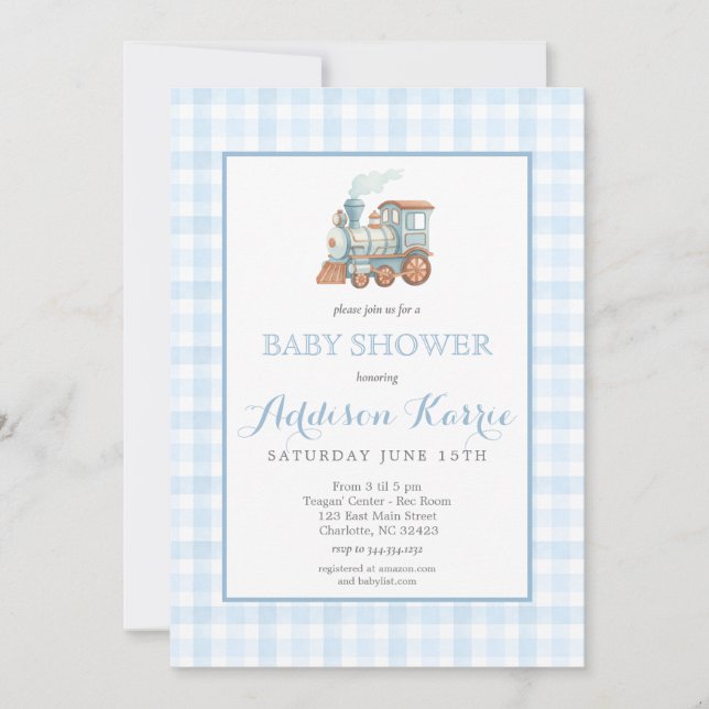 Convites Preppy Blue Gingham Choo Choo Train Baby Shower (Frente)