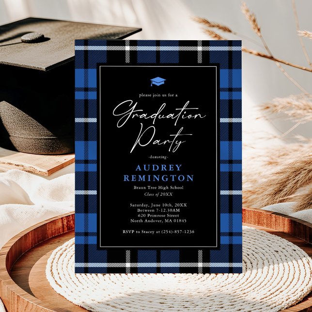 Convites Preppy Blue Tartan Graduation (Criador carregado)