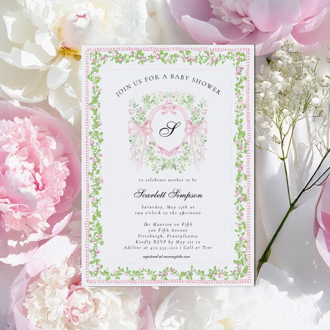 Convites Preppy Botanical Pink Bow Monogram Baby Shower   (Botanical Crest Monogram Pink Bow Preppy Girl Baby Shower Invitation
)
