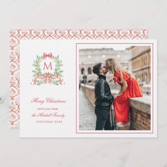 Convites Preppy Christmas Leopard Crest Monogram  (Frente/Verso)