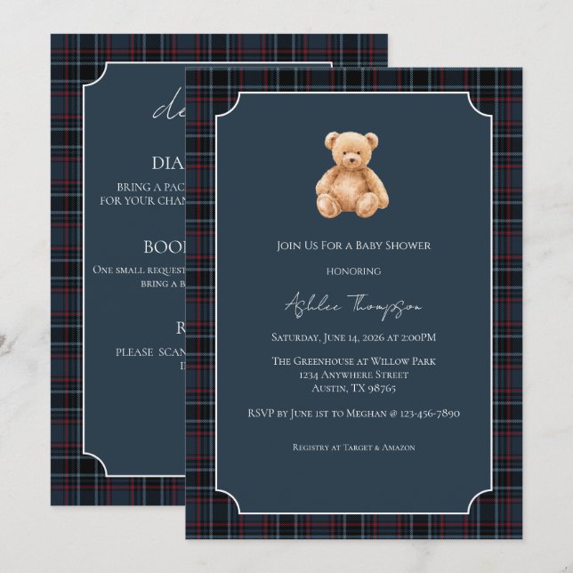 Convites Preppy Classic Teddy Bear Baby Shower (Frente/Verso)