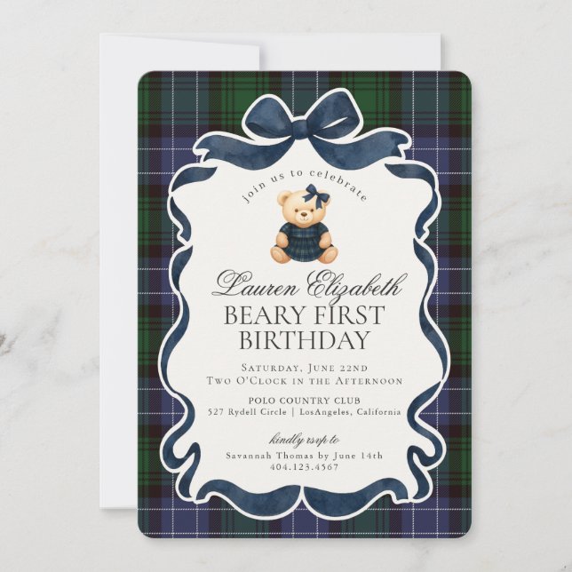 Convites Preppy Coquette Bow Bear Beary First Birthday (Frente)