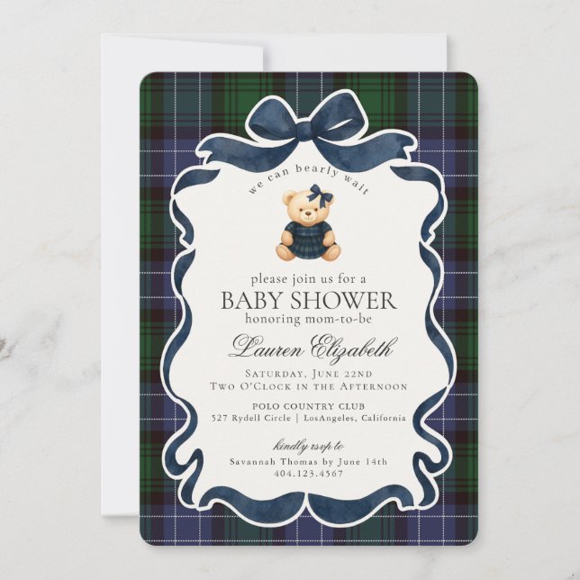 Convites Preppy Coquette Bow Bear Tartan Plaid Baby Shower (Frente)