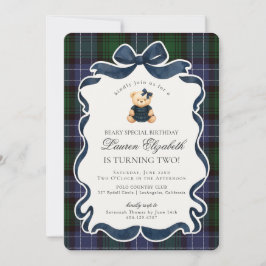 Convites Preppy Coquette Laço Urso Xadrez Plaid Aniversário