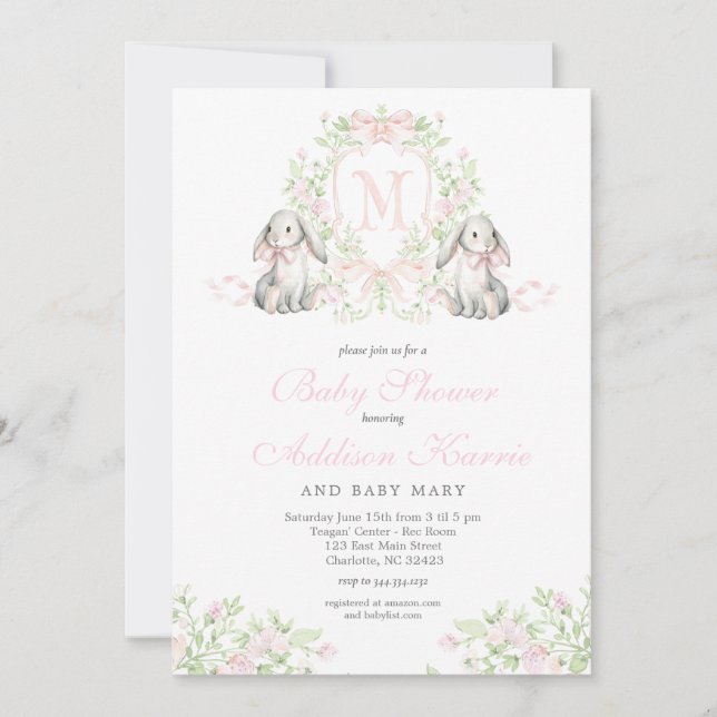 Convites Preppy Crest bunny Baby Shower Invitation (Frente)