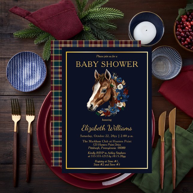 Convites Preppy Equestrian Foal | Chá de fraldas xadrez (Charming Classic Preppy Equestrian Foal and Floral Wreath | Plaid Background Boy Baby Shower Invite)