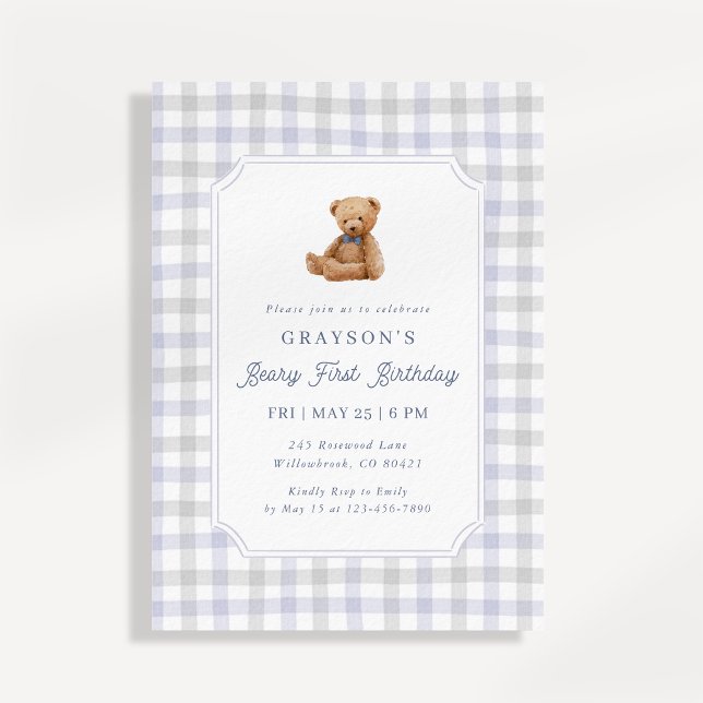 Convites Preppy Gingham Teddy Bear Beary First Birthday (Criador carregado)