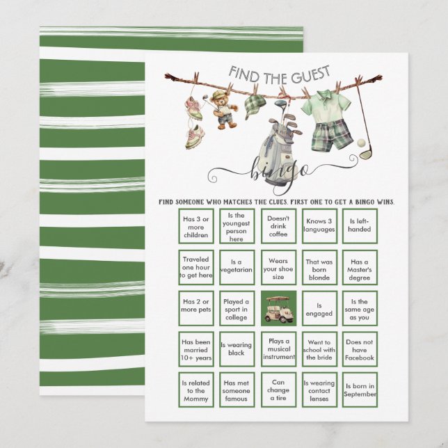 Convites Preppy Golf Find the Guest BINGO (Frente/Verso)