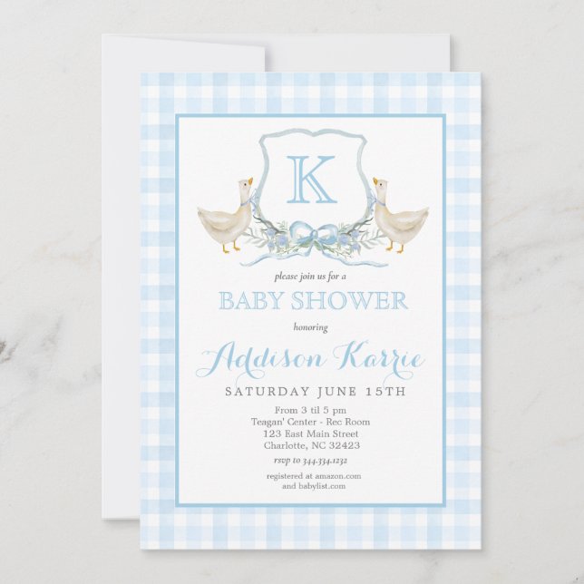 Convites Preppy Goose Blue Gingham Baby Shower Invitation (Frente)
