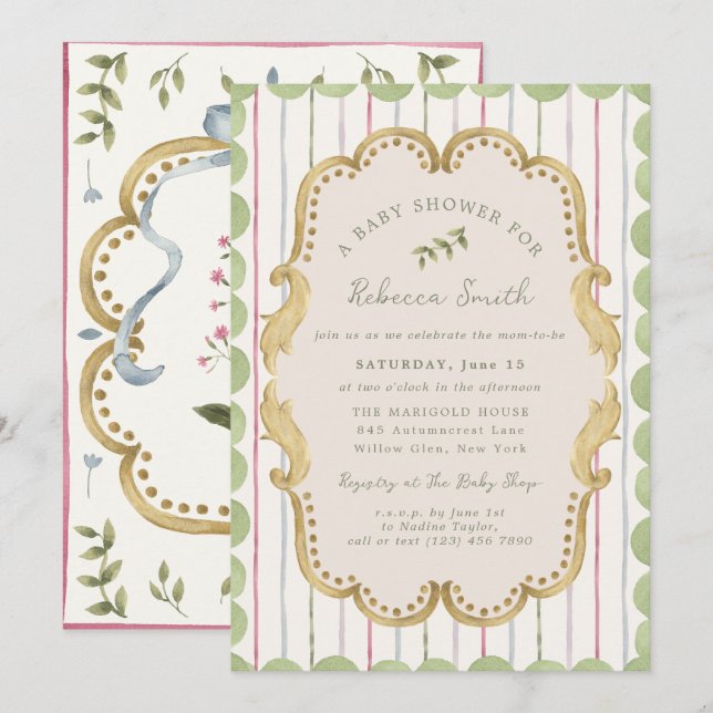 Convites Preppy Grandmillennial Botanical Frame Baby Shower (Frente/Verso)