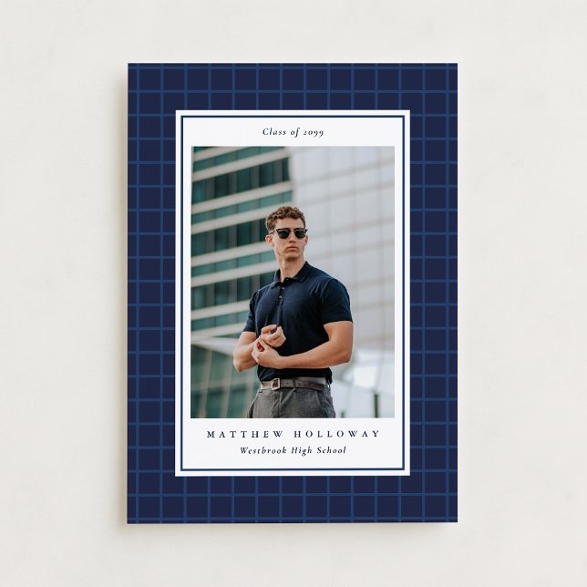Convites Preppy Navy Grid One Photo Graduation Announcement (Criador carregado)