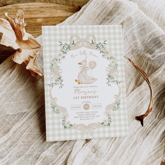 Convites Preppy One Silly Goose Neutral Bow 1st Birthday (Criador carregado)