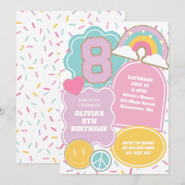 Convites Preppy Patch 8º Aniversário (Frente/Verso)