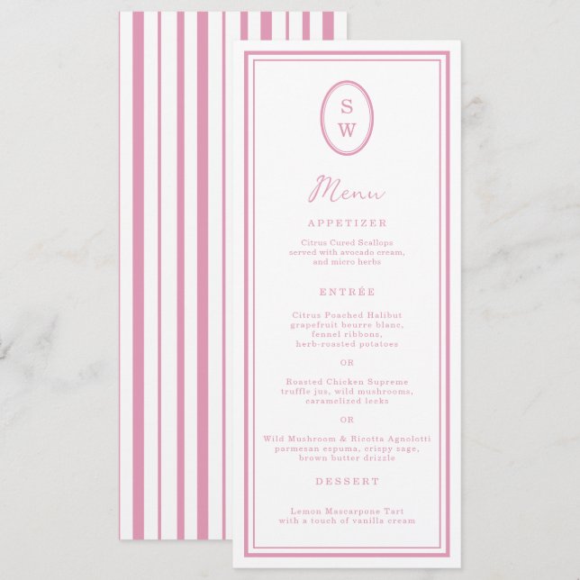 Convites Preppy Peony Pink Chic Monogram Wedding Menu Card (Frente/Verso)