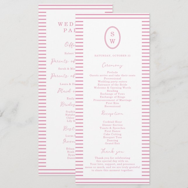 Convites Preppy Peony Pink Chic Wedding Program Card (Frente/Verso)