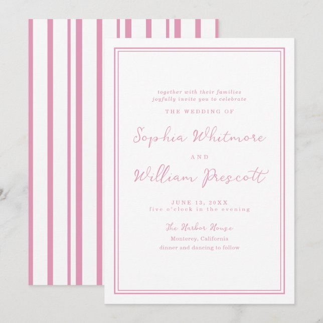 Convites Preppy Peony Pink Striped Wedding Invitation (Frente/Verso)