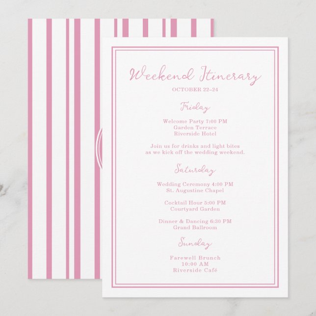 Convites Preppy Pink Chic Wedding Weekend Itinerary Card (Frente/Verso)