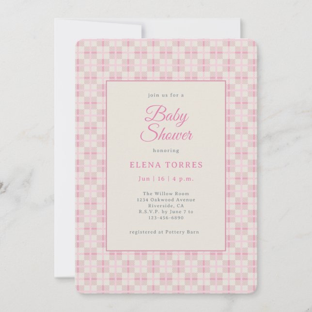 Convites Preppy Pink Plaid Baby Shower Invitation (Frente)