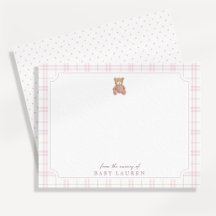Preppy Pink Plaid Teddy Bear Nursery Note Card