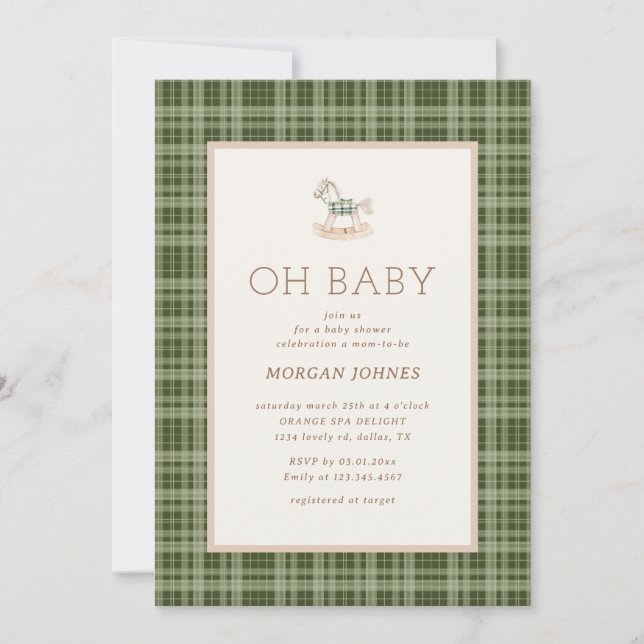 Convites Preppy Plaid Rocking Horse Baby Shower (Frente)