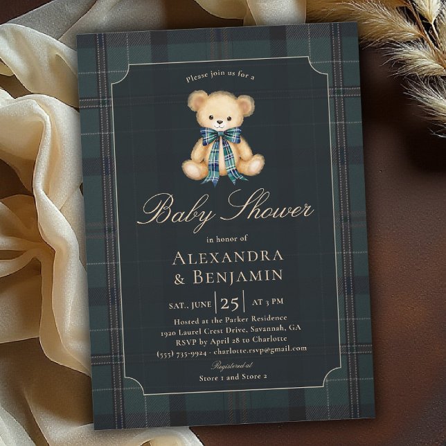 Convites Preppy Plaid Tartan Teddy Bow Coed Boy Baby Shower (preppy baby shower invitation teddy bear tartan plaid bow elegant country club modern classic coed)