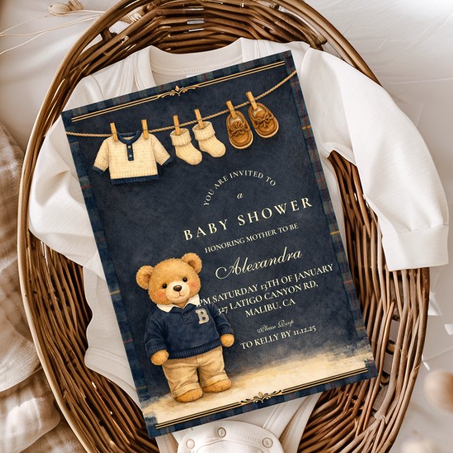 Convites Preppy Plaid Teddy Bear Baby Shower (Criador carregado)