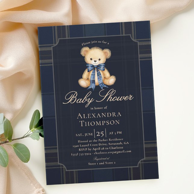 Convites Preppy Plaid Teddy Bear Bow Blue Boy Baby Shower (preppy baby shower invitation teddy bear blue plaid bow elegant country club modern classic)