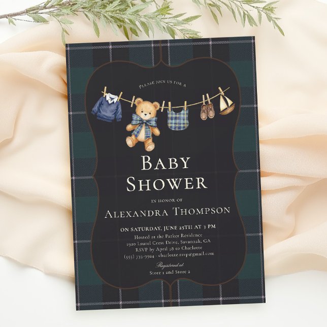 Convites Preppy Plaid Teddy Bow Clothesline Boy Baby Shower (preppy baby shower invitation teddy bear blue plaid bow elegant country club clothesline)