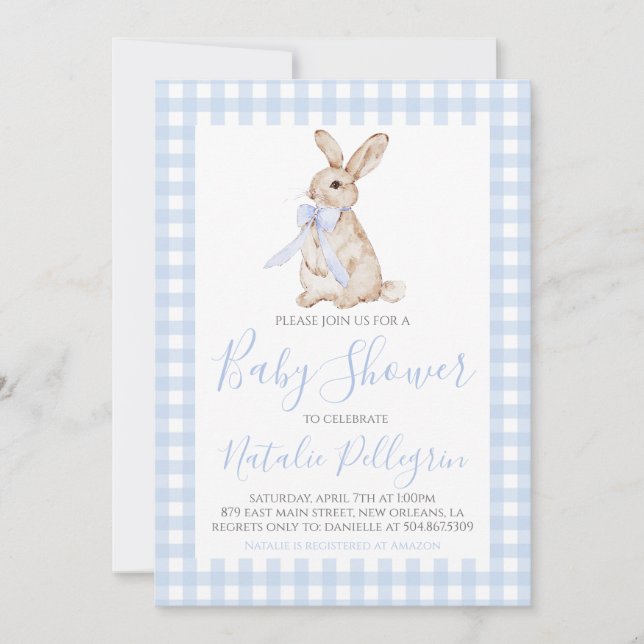 Convites Preppy Southern Blue Gingham Bunny Chá de fraldas (Frente)