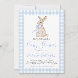 Convites Preppy Southern Blue Gingham Bunny Chá de fraldas