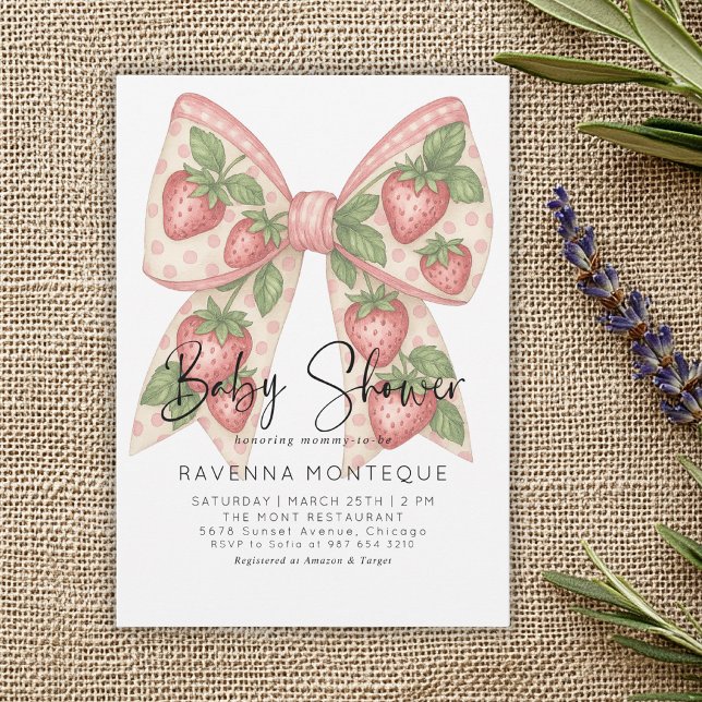 Convites Preppy Strawberry Bow Personalized Baby Shower  (Criador carregado)