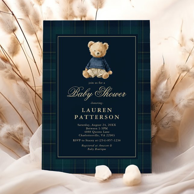 Convites Preppy Tartan Polo Bear Baby Shower (Criador carregado)